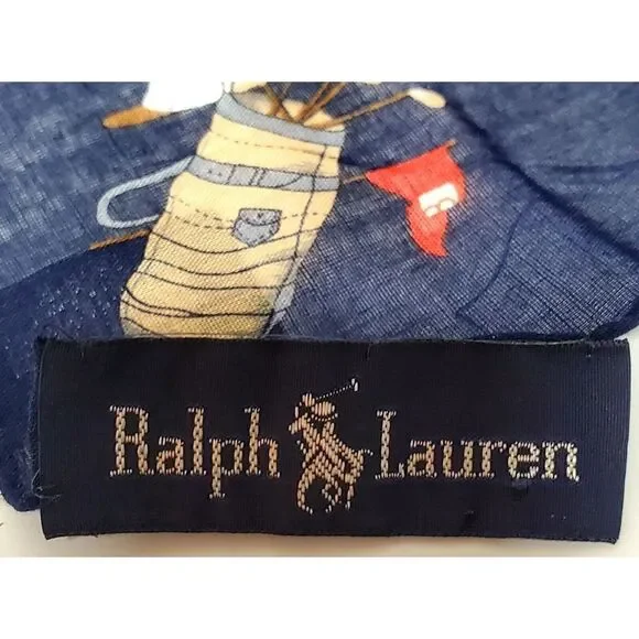 VTG Ralph Lauren Scarf Cotton Golf Clubs Bordered Pink/ Navy Printed 1980s Label - Picture 7 of 9